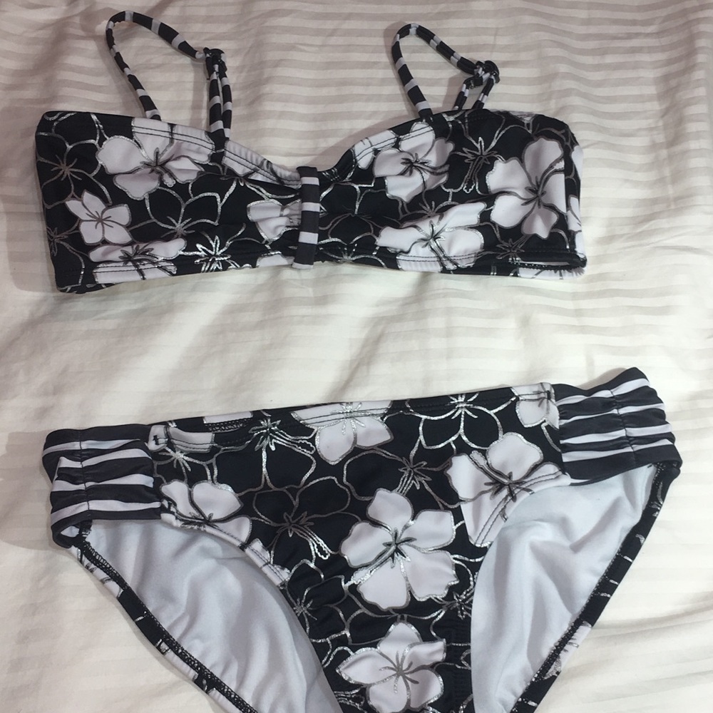 Justice Black and White Flower Print Bikini Set